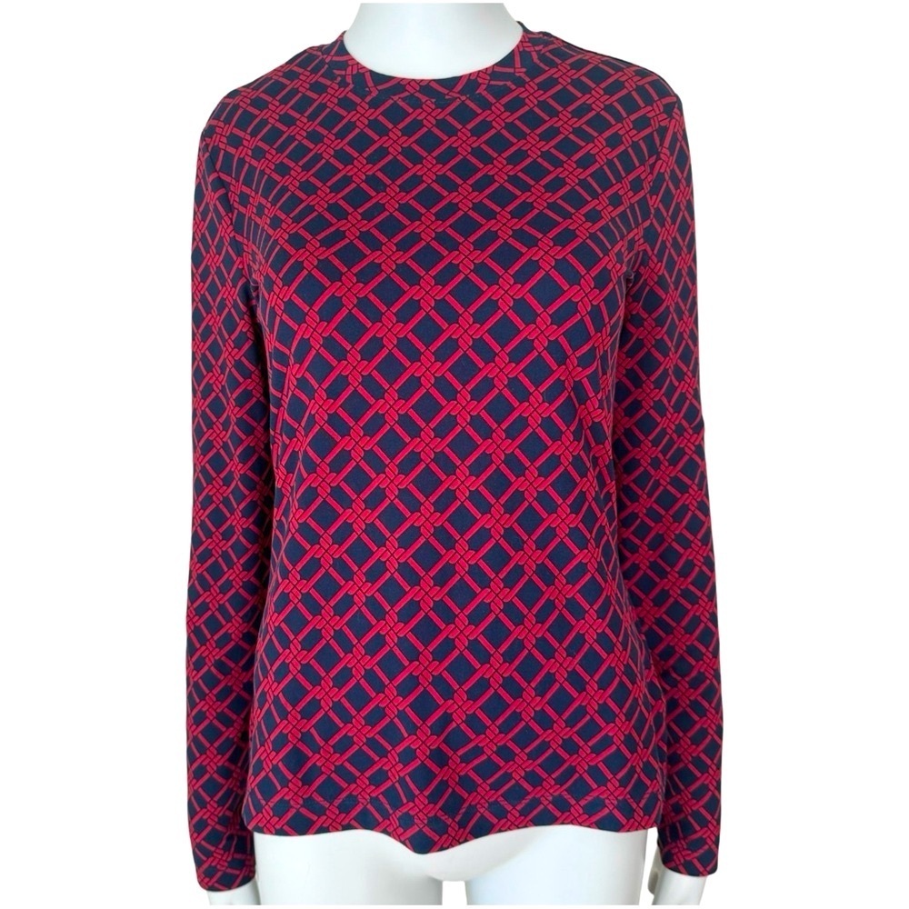 BROOKS BROTHERS Knit Top Long Sleeve Trellis Print Round Neck Red Navy Blue
